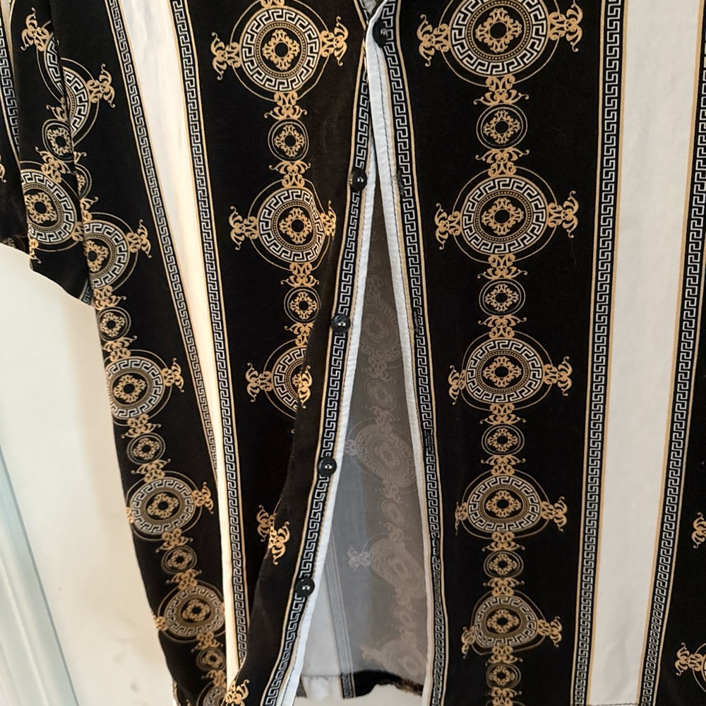 Black and Gold Casual Button Down Shirt with Geometric Pattern